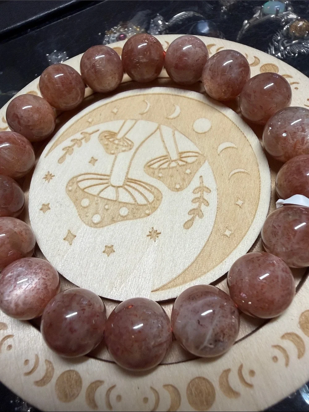 Natural Sunstone Beaded Stretch Bracelet - Peach Tan